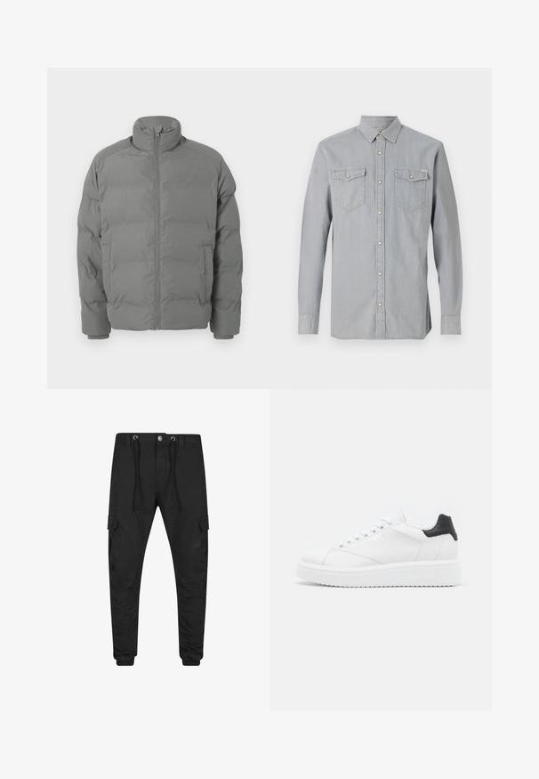 Grå pufferjakke med høj krave, lynlåslukning foran og boxy form. Har polstrede sektioner og tætsiddende manchetter for varme.; Lysegrå langærmet denimskjorte med knappet front, to brystlommer med klapper og knapper samt en spids krave.; Sorte smalle cargobukser med elastiske manchetter, for-lynlås og knaplukning, snøre i taljen og klaplommer på hvert lår.; Hvide lædersneakers med en sort hælflap, flade snørebånd, struktureret mellemsål og branding på ydersiden. Designet til afslappet brug.