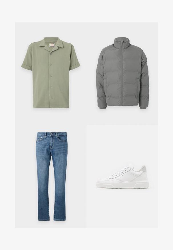 Chaqueta de plumas gris con cuello alto, cierre frontal con cremallera y forma cuadrada. Presenta secciones acolchadas y puños ajustados para mayor calidez.; Camisa de manga corta en verde claro, hecha de tela texturizada con cuello de pico y cierre frontal de seis botones. Las mangas enrolladas ofrecen un ajuste relajado.; Vaqueros de mezclilla azul de corte recto con diseño clásico de cinco bolsillos y cierre de botón, mostrados sobre fondo blanco.; Zapatillas de cuero blanca con un acabado suave, punta redondeada, cordones planos y una suela texturada. Acento de ante gris en el talón.