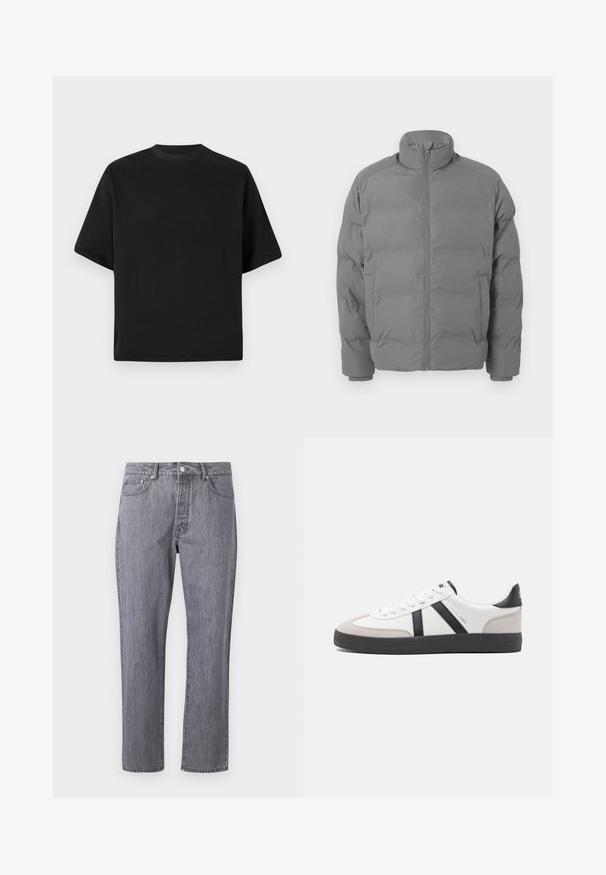 Veste matelassée grise avec col montant, fermeture éclair à l'avant et forme carrée. Comprend des sections rembourrées et des poignets ajustés pour plus de chaleur.; T-shirt noire à manches courtes au fit ample, fabriquée en coton lisse, avec un col rond et un design minimaliste.; Jean en denim gris avec un design à jambe droite, cinq poches, une fermeture à bouton et un effet de frottement subtil sur la texture du tissu.; Baskets blanches avec des accents noirs et gris, présentant un embout texturé gris, une semelle en caoutchouc noir et des lacets plats blancs. Design épuré, style minimaliste.