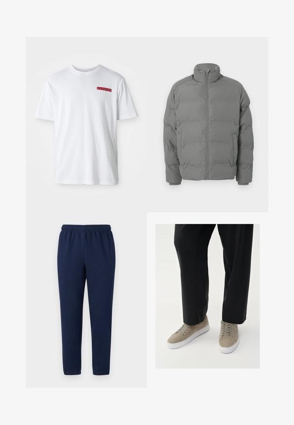 Hall gray puffer jope kõrge kraega, lukuga ees ja kastikujuline. Omab pehmendatud osi ja sobivaid mansette sooja hoidmiseks.; Valge puuvillane T-särk, millel on ümmargune kaelus, lühikesed varrukad ja väike punane graafika detail vasakul rinnapiiril.; Tumedate hallid mõnusast puuvillasegus, millel on elastne vöökoht ja kitsenevad sääred, ilma nähtavate mustrite või aktsendita.; Heledad hallitavad hallid nahast tossud valge kummist tallaga, ringjate nööride ja minimalistliku disainiga, kombineerituna mustade püksidega.