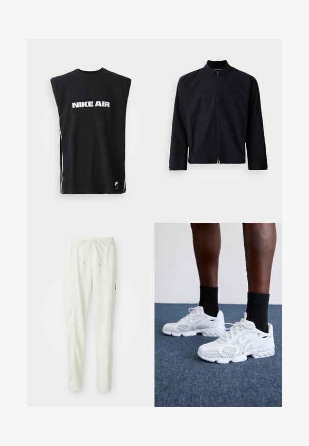 Mustmust valmistatud must zip-up jakk kraega, pikad varrukad ja lühendatud disain. Materjal näeb välja sile, ilma nähtavate mustrite või aktsentideta.; Mustamata varukatega Nike Air särk valge logotekstiga, mis on keskendatud rinnale, ja väike must Nike Air silt allääres.; Valged kitsad jooksvapüksid elastse vöökoha ja paelaga, külgseamide detailide ja väikese musta plaastriga paremal jalal.; Valged spordijalatsid, millel on võrkmaterjalist pealne, tekstuuriga detailid ja pehme tallaga. Koos mustade ribadena sokkidega sinisel vaipkattega pinnal.