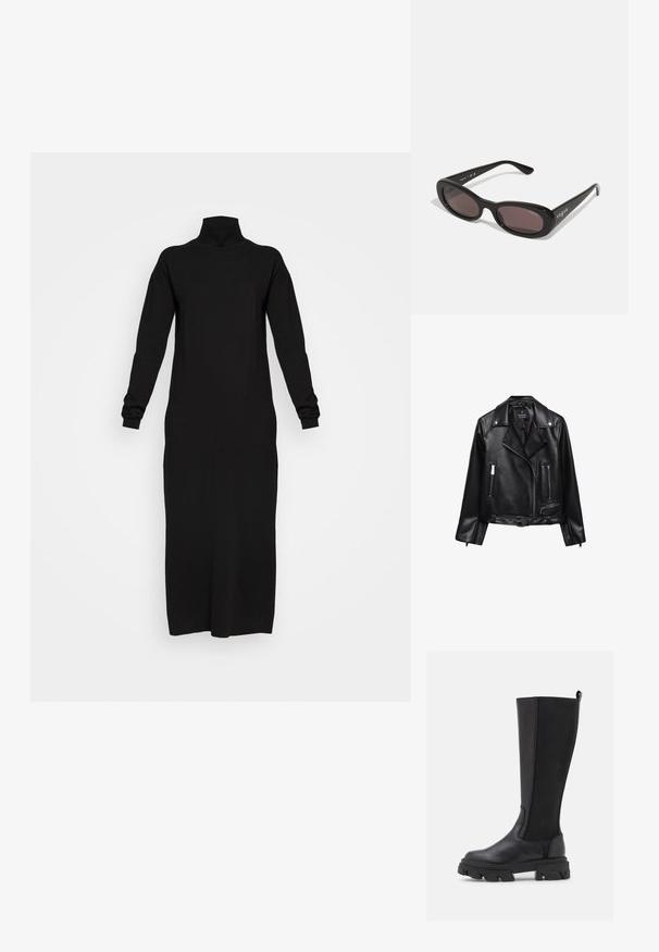 Schwarze Leder-Motorradjacke mit einem belüfteten Taillenbund, silbernen Beschlägen, Reißverschlusstaschen und einem eingekerbten Kragen. Glatte Textur und taillierte Passform.; Schwarzes Langarm-Minikleid mit Rollkragen, aus weichem Material, leicht figurbetont, bis zur Mitte der Wade reichend, mit gerippten Bündchen und Ausschnitt.; Schwarze kniehohe Stiefel mit einer glatten Lederfront und einem strukturierten Stoffrücken, ausgestattet mit einer kräftigen, genoppten Sohle und einer Zuglasche für ein einfaches Anziehen.; Schwarze Sonnenbrille mit ovalen Rahmen, dunkel getönten Gläsern und "vogue" in Weiß auf den äußeren Bügeln gedruckt. Glattes Plastikmaterial.
