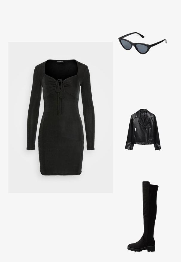 Schwarze Leder-Motorradjacke mit einem belüfteten Taillenbund, silbernen Beschlägen, Reißverschlusstaschen und einem eingekerbten Kragen. Glatte Textur und taillierte Passform.; Even&Odd by Zalando Jerseykleid - black; Schwarze Overknee-Stiefel aus weichem Wildleder mit flacher Sohle, abgerundetem Zehenbereich und elastischen Seiteneinsätzen für ein einfaches An- und Ausziehen.; Schwarze Cat-Eye-Sonnenbrille mit dunkelgrauen Gläsern, schlankem Kunststoffrahmen, spitzen Ecken und geraden Bügeln. Keine sichtbaren Befestigungen oder Akzente.
