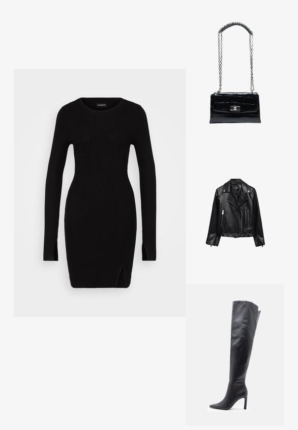 Veste de moto en cuir noir avec une taille ceinturée, des accessoires en argent, des poches zippées et un col cranté. Texture lisse et design ajusté.; Robe en tricot côtelé noir avec manches longues, col rond, fentes sur les côtés et silhouette cintrée, mettant en avant une texture lisse et un design minimaliste.; Botte noire en cuir montant jusqu'à mi-cuisse, avec bout pointu et talon aiguille, vue de profil vers la gauche sur fond blanc.; Sac à main en cuir noir à texture crocodile avec fermoir à verrou argenté et longue chaîne argentée avec patte d'épaule en cuir.