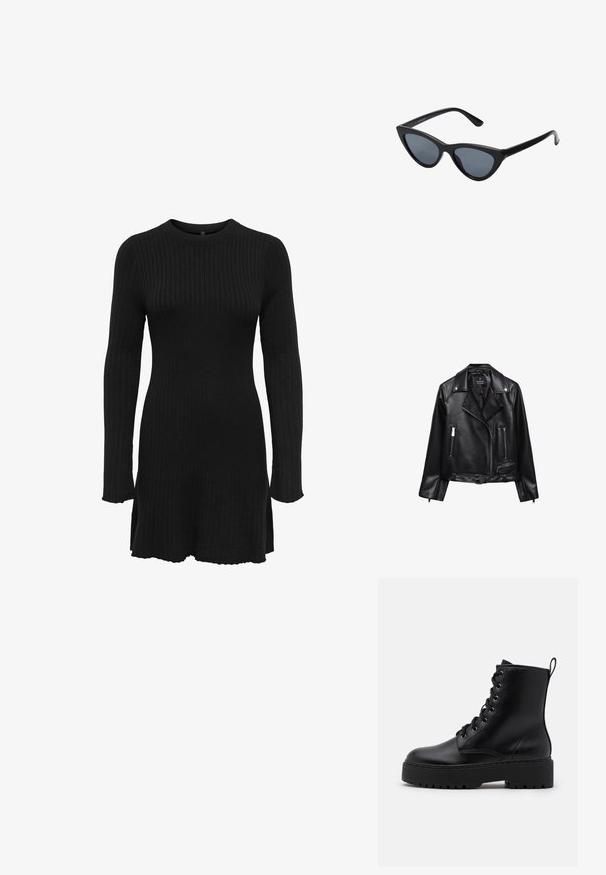 Veste de moto en cuir noir avec une taille ceinturée, des accessoires en argent, des poches zippées et un col cranté. Texture lisse et design ajusté.; Robe noire en tricot côtelé avec des manches longues, un col rond et des fentes sur les côtés à l'ourlet. La texture du tissu est douce et élastique.; Bottine en cuir noir avec une semelle épaisse et texturée, bout rond et œillets en métal pour les lacets. Présente une languette à l'arrière.; Lunettes de soleil noires en forme d'œil de chat avec des verres gris foncé, monture en plastique élégante, coins pointus et branches droites. Pas de métal visible ni d'accents.