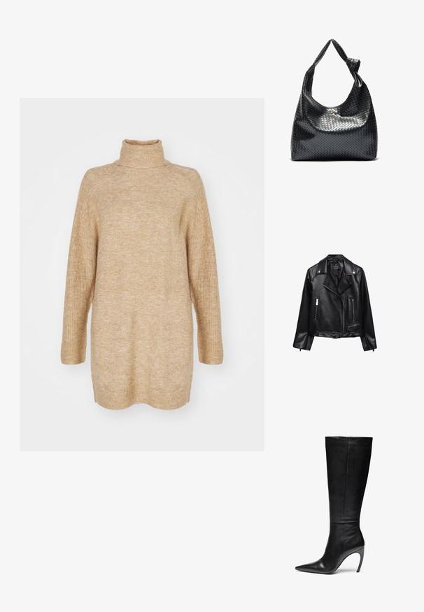 Sort lædermotorcykeljakke med bæltestrop i taljen, sølvhardware, lynlåslommer og klapkrave. Glat tekstur og tætsiddende design.; Beige turtleneck sweater, oversized pasform, ribbestruktur ved kraven og ærmerne, strikket stof og drop shoulder-design.; Sorte læder knæhøje støvler med spids tå og høj stilettohæl; slank, glat tekstur med subtile sømme og ingen synlig hardware.; Sort vævet lædertaske med en afslappet design, der har et knyttet rem og en lille dekorativ guldstud foran.