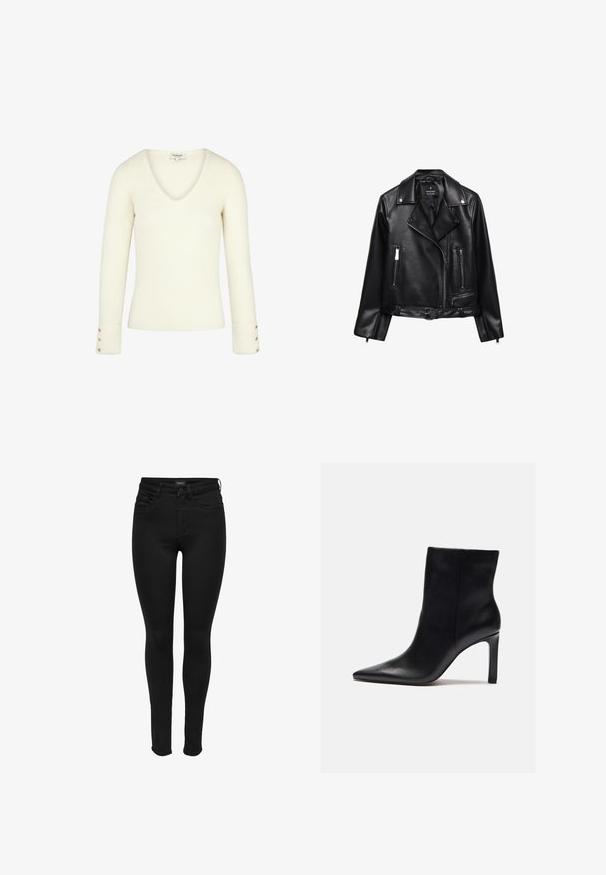Veste de moto en cuir noir avec une taille ceinturée, des accessoires en argent, des poches zippées et un col cranté. Texture lisse et design ajusté.; Pull blanc à col V côtelé avec manches longues et accents de boutons dorés sur les poignets. Texture douce et design ajusté.; Jeans skinny noirs en denim, dotés d'un design classique à cinq poches, d'une fermeture éclair et d'une texture lisse avec des détails de couture minimaux.; Zign by Zalando Bottines à talons hauts - black