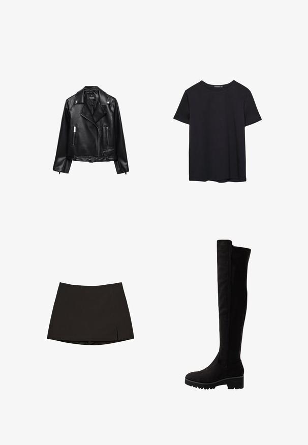 Schwarze Leder-Motorradjacke mit einem belüfteten Taillenbund, silbernen Beschlägen, Reißverschlusstaschen und einem eingekerbten Kragen. Glatte Textur und taillierte Passform.; Einfaches schwarzes T-Shirt aus Baumwolle mit kurzen Ärmeln und Rundhalsausschnitt, auf einem weißen Hintergrund dargestellt.; Schwarzer Minirock aus glattem Stoff, mit geradem Schnitt, Seitenschlitzen und sauberem Saum. Einfach und vielseitig.; Schwarze Overknee-Stiefel aus weichem Wildleder mit flacher Sohle, abgerundetem Zehenbereich und elastischen Seiteneinsätzen für ein einfaches An- und Ausziehen.