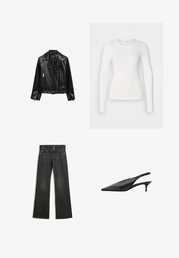Veste de moto en cuir noir avec une taille ceinturée, des accessoires en argent, des poches zippées et un col cranté. Texture lisse et design ajusté.; Chemise blanche à manches longues en tissu doux et lisse ; présente un col rond et une coupe ajustée, sans motifs ni embellissements.; Jean large en denim noir avec une taille ajustée, présentant des coutures visibles, deux poches avant et des éléments en métal argenté sur les boutons.; Escarpin slingback noir à bout pointu avec petit talon kitten bas et ornements en clous argentés recouvrant la tige.
