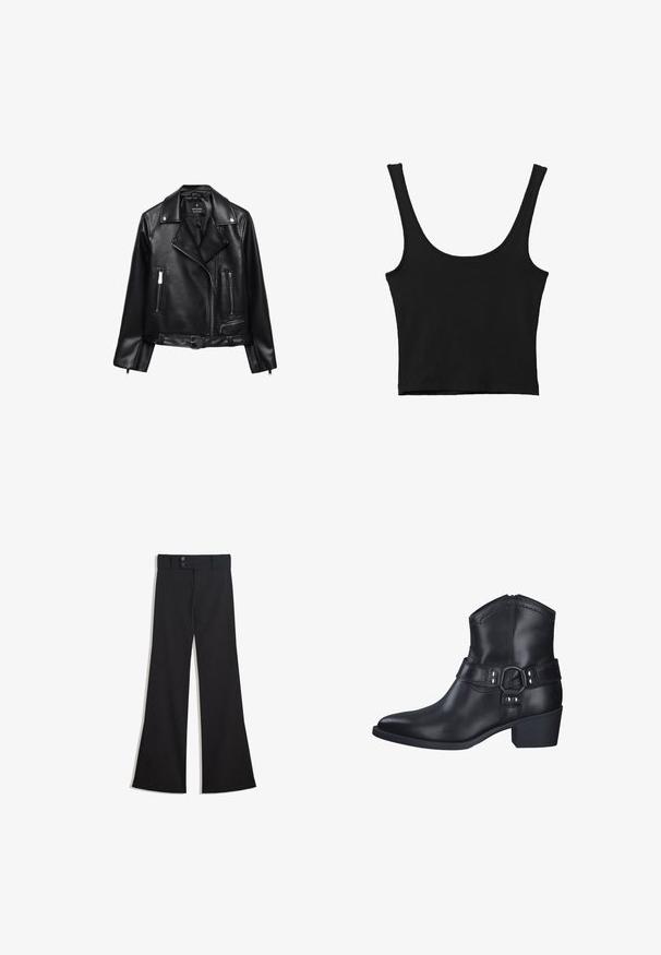 Veste de moto en cuir noir avec une taille ceinturée, des accessoires en argent, des poches zippées et un col cranté. Texture lisse et design ajusté.; Débardeur noir court avec de larges bretelles, fabriqué à partir d'un matériau doux, présentant une texture lisse et un design minimaliste.; Pantalon noir taille haute à jambes larges avec une taille à double bouton et une fermeture éclair frontale, présenté à plat sur un fond blanc.; Botte chelsea en cuir noir avec un bout pointu et un petit talon carré, dotée d'une sangle décorative avec des accents en métal et des détails de couture.