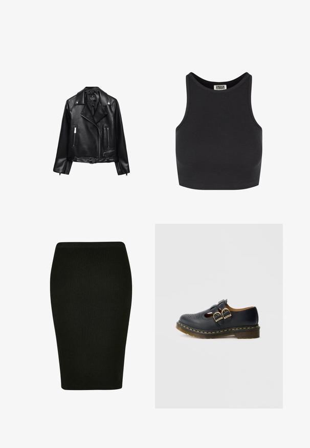 Veste de moto en cuir noir avec une taille ceinturée, des accessoires en argent, des poches zippées et un col cranté. Texture lisse et design ajusté.; Crop top noir côtelé avec un design sans manches. Caractérisé par un col rond et une texture lisse. Étiquette visible à l'intérieur du col.; Jupe crayon noire à côtes avec un design ajusté. Dotée d'une taille haute et d'un tissu texturé, offrant une silhouette lisse.; Chaussure en cuir noire avec deux brides à boucles, présentant des détails perforés, un bout arrondi et un accent de couture jaune autour de la semelle.