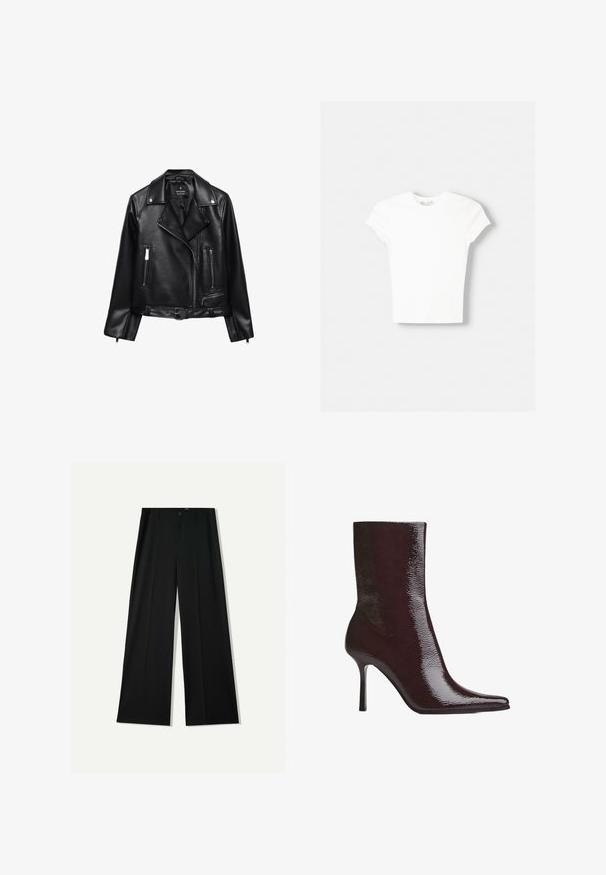 Veste de moto en cuir noir avec une taille ceinturée, des accessoires en argent, des poches zippées et un col cranté. Texture lisse et design ajusté.; T-shirt blanc à manches courtes en coton doux, avec un col rond et une coupe ajustée. Pas de motifs ni d'ornements visibles.; Bershka WIDE - Pantalon classique - black; Bottine bordeaux avec une finition brillante, bout pointu et fin talon haut. Son design épuré met en valeur une texture lisse et une silhouette élancée.