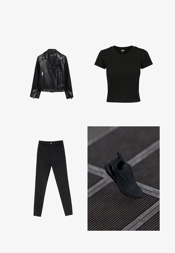 Schwarze Leder-Motorradjacke mit einem belüfteten Taillenbund, silbernen Beschlägen, Reißverschlusstaschen und einem eingekerbten Kragen. Glatte Textur und taillierte Passform.; Schwarzes Kurzarm-T-Shirt aus glattem Baumwollmaterial mit rundem Halsausschnitt und taillierter Form. Keine sichtbaren Muster oder Akzente.; Schwarze enge Jeans aus Denim mit hoher Taille, Fünf-Taschen-Design und rohem Saum an den Knöcheln. Klassischer Knopf- und Reißverschluss.; Schwarzer sportlicher Sneaker mit Mesh-Obermaterial, gepolstertem Kragen und Gummisohle. Verfügt über ein markantes Swoosh-Logo und strukturierte Details.