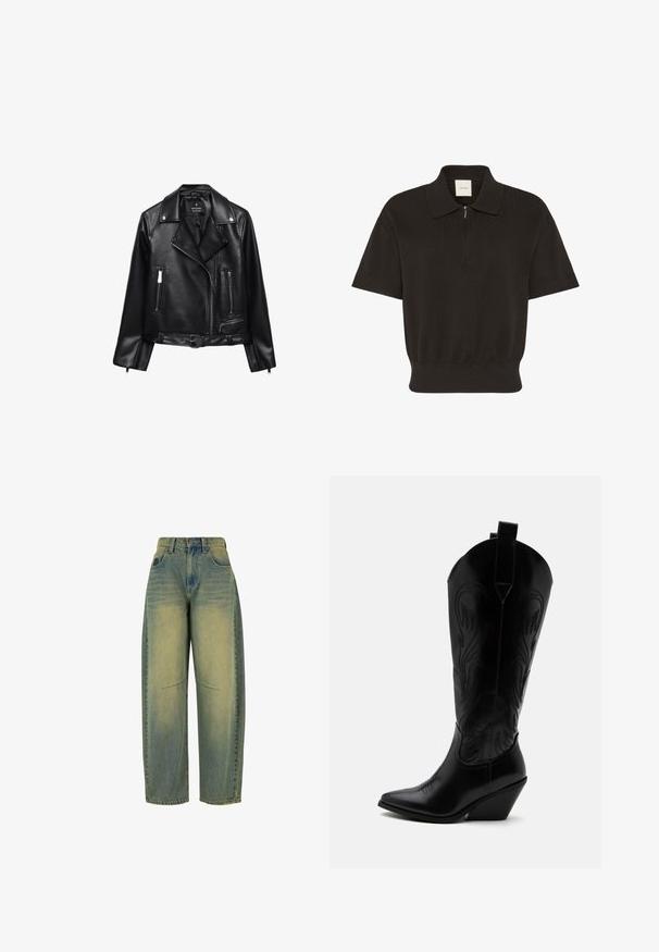Schwarze Leder-Motorradjacke mit einem belüfteten Taillenbund, silbernen Beschlägen, Reißverschlusstaschen und einem eingekerbten Kragen. Glatte Textur und taillierte Passform.; Schwarzes Strick-Polohemd mit kurzen Ärmeln, Reißverschluss am Kragen und elastischem Bund, mit Calvin Klein-Label.; Weite Jeans aus Denim in Hellblau mit ausgewaschener Textur. Fünf Taschen und hohe Taille. Sauberer Saum und dezente Nähdetails.; Schwarzer Leder-Cowboystiefel mit spitzer Zehe, schrägem Blockabsatz, dekorativer Naht und Zuglaschen oben vor weißem Hintergrund.