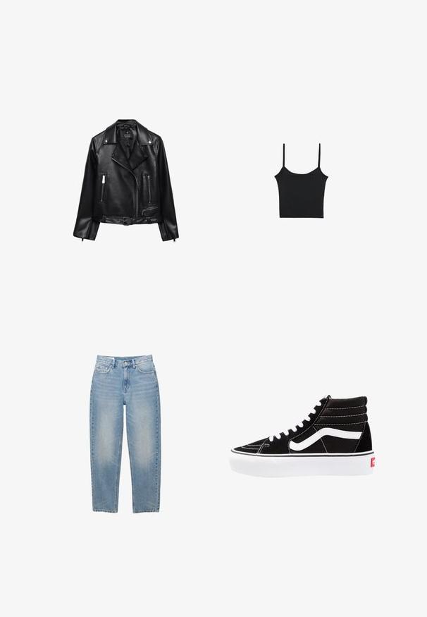 Zwarte leren motorjack met een ceintuur in de taille, zilverkleurige accenten, ritszakken en een gesneden kraag. Glad materiaal en getailleerd ontwerp.; Stradivarius Top - black; Lichtblauwe denim jeans met rechte pijpen, voorzien van een knoopsluiting aan de voorkant, rits en vijf zakken, afgebeeld tegen een witte achtergrond.; Zwarte high-top sneakers met witte veters, een wit logo en contrasterende witte stiksels. Heeft een dikke witte zool en een bovenwerk van gestructureerd suede.