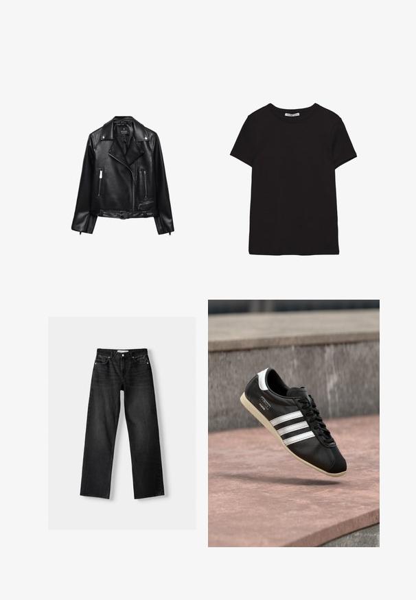 Veste de moto en cuir noir avec une taille ceinturée, des accessoires en argent, des poches zippées et un col cranté. Texture lisse et design ajusté.; T-shirt noir en coton à manches courtes avec encolure ronde, coupe standard et étiquette intérieure visible au niveau du col.; Bershka Jean droit - mottled dark grey; Baskets en cuir noir avec des rayures blanches et une semelle blanche, lacées, flottant au-dessus d'une surface en béton rosée avec un mur en pierre grise en arrière-plan.