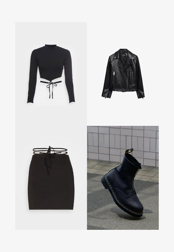 Veste de moto en cuir noir avec une taille ceinturée, des accessoires en argent, des poches zippées et un col cranté. Texture lisse et design ajusté.; Even&Odd by Zalando T-shirt à manches longues - black; Noisy May NMCELESTE CHAIN DETAILS SKRIT - Minijupe - black; Bottine en cuir noir avec fermeture éclair latérale, surface texturée, surpiqûres jaunes en accent et semelle en caoutchouc.