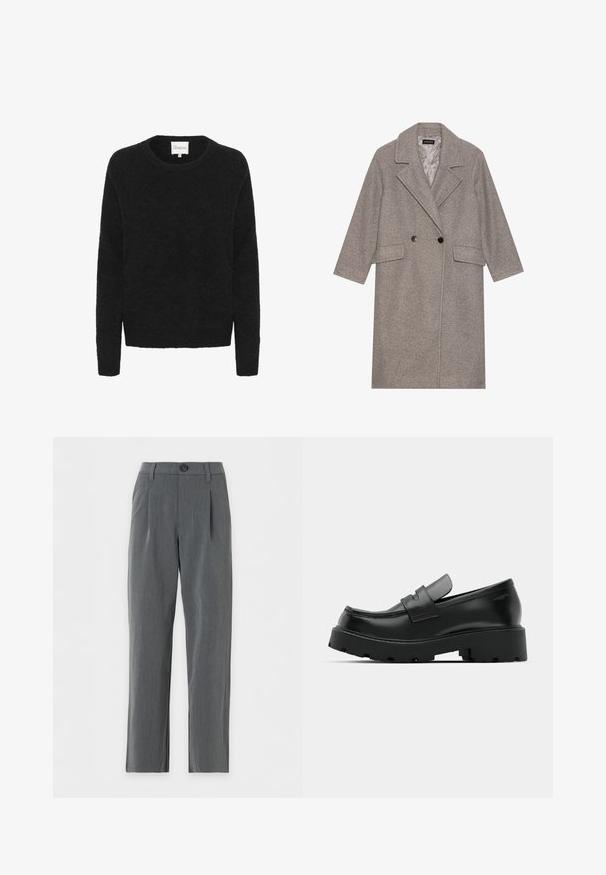 Manteau gris en mélange de laine, à double boutonnage avec un col en A, deux poches avant et de grands boutons noirs. Mi-long et à finition texturée.; Pull en maille noir avec un col rond, des manches longues et une texture douce. Design simple, sans motifs ni accents.; Pantalon gris coupe droite avec passants de ceinture, fermeture à boutons sur le devant et plis près de la taille sur fond blanc.; Mocassins en cuir noir avec une semelle épaisse et texturée, dotés d'une sangle sur le vamp et d'une finition lisse et polie.