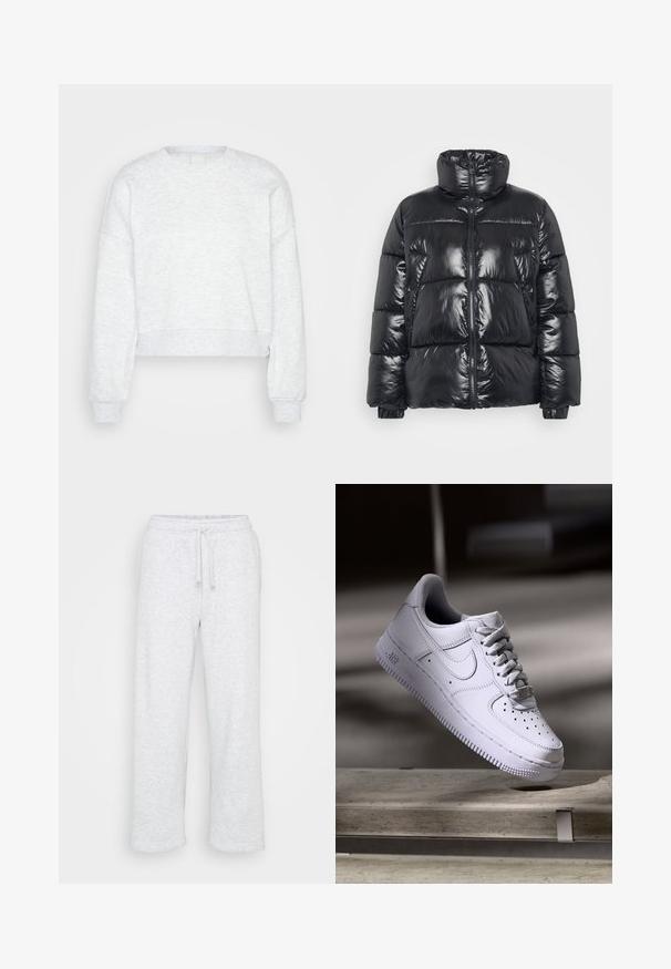 Schwarze Puffjacke mit glänzender Oberfläche, hohem Kragen, Frontreißverschluss und elastischen Bündchen. Verfügt über ein gestepptes Design und zwei Fronttaschen.; Helle graue, langärmlige, gekürzte Sweatshirt mit gerippten Bündchen und hohem Rundhalsausschnitt, auf einem schlichten hellen Hintergrund präsentiert.; Hellgraue Baumwoll-Sporthosen mit elastischem Bund und Kordelzug, gerade Beinform, ohne sichtbare Logos oder Muster.; Weißer Nike Air Force 1 Sneaker schwebt über einer Betonoberfläche mit Schatten in einem minimalistischen Umfeld.