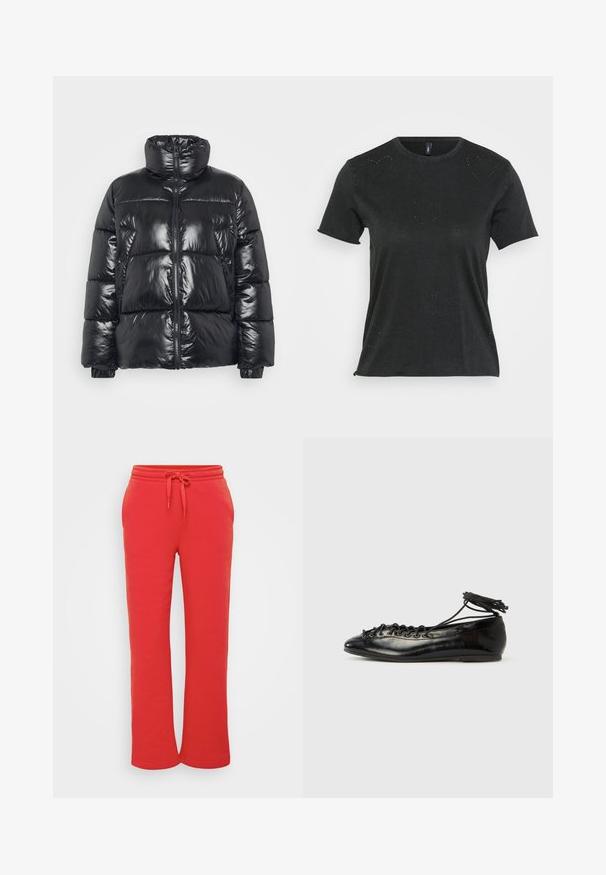 Schwarze Puffjacke mit glänzender Oberfläche, hohem Kragen, Frontreißverschluss und elastischen Bündchen. Verfügt über ein gestepptes Design und zwei Fronttaschen.; Schwarzes T-Shirt mit kurzen Ärmeln und rundem Halsausschnitt, das dezente, herzförmige Strassverzierungen auf der Vorderseite aufweist. Weicher, lässiger Stoff.; Rote Sweatpants aus weichem Baumwollmaterial, mit einem elastischen Bund und Kordelzug sowie einem geraden Bein Schnitt. Geschmeidige Textur.; Schwarze Ballerinas aus Lackleder mit runder Spitze, Schnürdesign und flacher Sohle. Glatte Textur mit minimaler Verzierung.