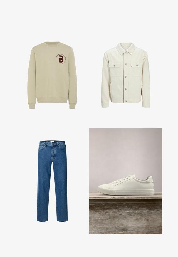 Beige skjortejakke lavet af struktureret stof. Har to brystlommer fortil, trykknapper og et klassisk kravedesign.; Beige sweatshirt med rund halsudskæring, lange ærmer og ribbede manchetter. Har et bordureret marsal- rødt bogstav 'B' og en cirkulær tekstdetalje.; Blå straight-leg denim jeans med knap- og lynlåslukning, bæltestropper og fem-lomme-design.; Hvide snørresneakers svævende over en træbænk med grønne planter i baggrunden, der fremhæver skodesign og tekstur.