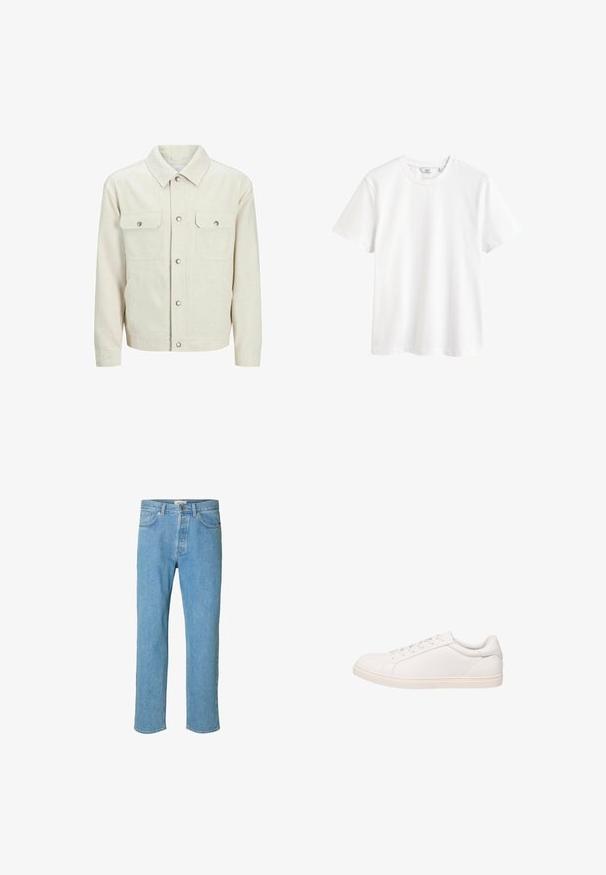 Beige skjortejakke lavet af struktureret stof. Har to brystlommer fortil, trykknapper og et klassisk kravedesign.; Hvid kortærmet t-shirt med rund halsudskæring og en lille mærkeetiket indeni kraven.; Lyseblå denimjeans med lige ben-design. Funktioner inkluderer en knapgylp, fem lommer og syede detaljer langs sømmene.; Hvid lavt sneakersko med snørelukning og flad sål, vist i sideprofil på hvid baggrund.