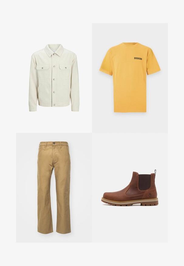 Beige knoopjasje gemaakt van gestructureerde stof. Beschikt over twee voorzakken op de borst, drukknoopsluitingen en een klassiek kraagontwerp.; Geel katoenen T-shirt met korte mouwen en een ronde hals. Heeft een zwart "DICKIES" logo aan de linkerkant van de borst. Zachte textuur.; Khaki broek van katoen. Rechte pasvorm met een tailleband en voorzakken. Heeft een enkele achterzak en subtiele stikdetails.; Bruine leren Chelsea boot met elastische zijkanten, trekhaak, gevoerde zool en robuust profiel voor grip.