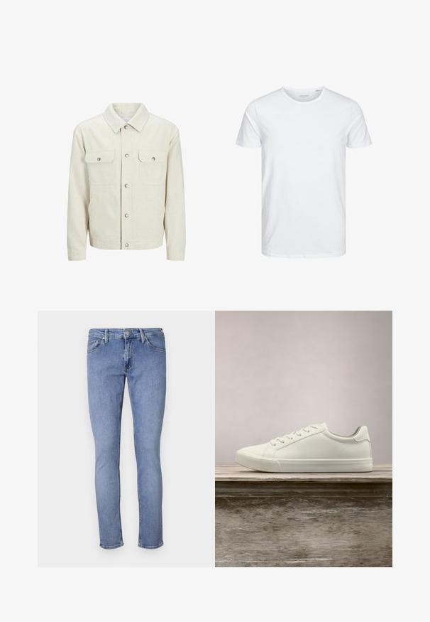 Beige knoopjasje gemaakt van gestructureerde stof. Beschikt over twee voorzakken op de borst, drukknoopsluitingen en een klassiek kraagontwerp.; Ronde hals kortemouwen t-shirt in effen wit, gemaakt van zachte katoen, heeft een eenvoudig ontwerp zonder zichtbare patronen of accenten.; Lichtblauwe denimjeans met een slim fit. Beschikt over vijf zakken, een sluiting met een voorste knoop en minimale stikdetails. Gladde textuur.; Witte vetersneaker die boven een houten bank zweeft met groene bladeren op de achtergrond, waarbij het ontwerp en de textuur van de schoen worden getoond.