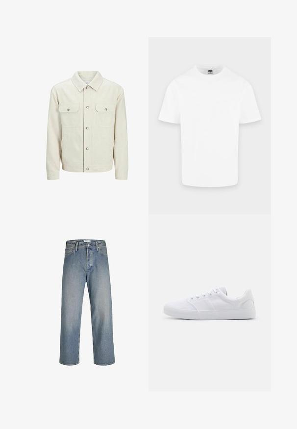 Beige knoopjasje gemaakt van gestructureerde stof. Beschikt over twee voorzakken op de borst, drukknoopsluitingen en een klassiek kraagontwerp.; Effen witte katoenen T-shirt met korte mouwen en ronde hals, weergegeven op een lichtgrijze achtergrond.; Lichtblauwe denim jeans met een losse pasvorm, hoge taille en rechte pijpen. Bevat voorzakken en een metalen knoopsluiting.; Witte canvas sneakers met een rubberen zool, voorzien van zes oogjes, een gestructureerde neuskap en een minimalistisch ontwerp.