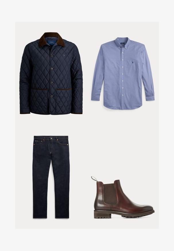 Chaqueta acolchada azul marino con cuello y ribete de pana marrón, cierre de botones, dos bolsillos delanteros y un pequeño logo bordado en el pecho.; Camisa azul de manga larga con pequeño patrón de cuadros, cuello abotonado y logo bordado de Polo Ralph Lauren en el pecho izquierdo.; Vaqueros de mezclilla azul oscuro con cinco bolsillos, cierre de botón y cremallera, y costuras doradas visibles, mostrados planos sobre un fondo claro.; Botín Chelsea de cuero marrón con panel lateral elástico, lengüeta en el talón y suela gruesa de goma con tacos.