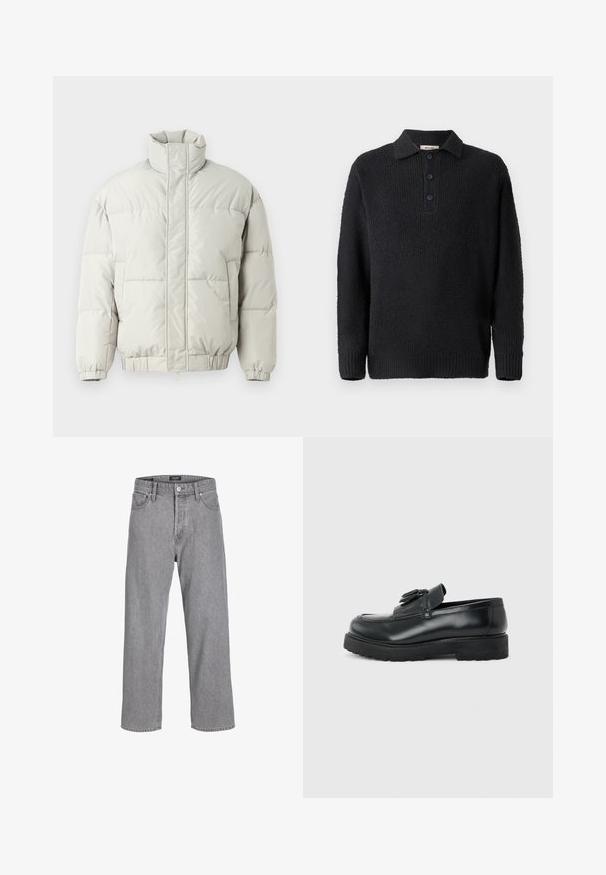 Only & Sons ONSALPHA PUFFER JACKET - Zimná bunda - mirage gray; Čierny pletený pulóver s textúrovaným povrchom, s klasickým golierom a trojbtnou légou. Dlhé rukávy s pružnými manžetami.; Šedé denimové nohavice s uvoľneným, voľným strihom. Majú tradičný dizajn s piatimi vreckami a zapínanie na gombík na páse.; Čierna kožená mokasína s strapcami, hrubou gumovou podrážkou a nízkym podpätkom, zobrazená z profilu na jednofarebnom pozadí.