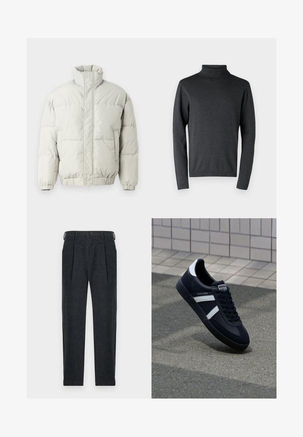 Only & Sons ONSALPHA PUFFER JACKET - Zimná bunda - mirage gray; Tmavošedý rolák vyrobený z mäkkého materiálu, s dlhými rukávmi a rebrovanými manžetami a lemom, s hladkou a rovnomernou textúrou.; Sivé nohavice z vlnenej zmesi so širokými predsunutými záhybmi, pútkami na opasok, bočnými vreckami a gombíkovým zapínaním. Rovný strih s hladkou textúrou.; Čierne kožené tenisky s bielymi pruhmi, textúrovanou gumovou podrážkou a šnurovaním vpredu. Obsahujú označenie značky na jazyku.