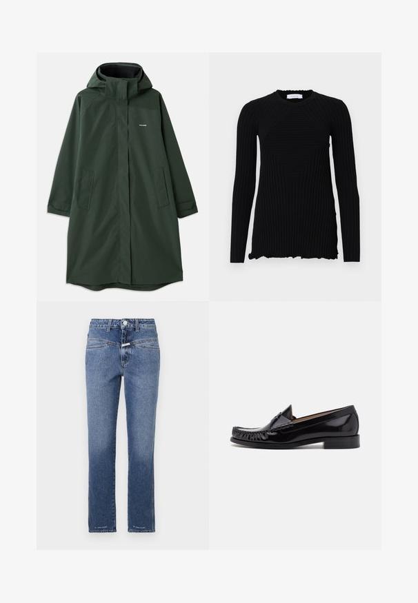 Donkergroen waterdichte jas met een capuchon, voorzien van een rits aan de voorkant, zijzakken en een relaxte pasvorm. Zachte textuur, minimale branding.; Rabanne Longsleeve - black; Denim jeans in een middelblauwe wassing, met rechte pijpen, voorzien van een middelhoge tailleband, vijf zakken en subtiele stikdetails.; Zwarte leren mokassin met een glanzende afwerking, voorzien van franjes aan de voorkant en een lage gestapelde hak.