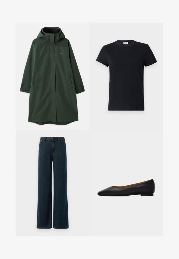 Mørkegrøn vandtæt frakke med hætte, der har en frontlynlås, sidelommer og en afslappet pasform. Glat tekstur, minimal branding.; Sort kortærmet t-shirt lavet af bomuld, med rund halsudskæring og en simpel, glat tekstur uden trykte mønstre eller accenter.; Bredde ben mørkeblå denimjeans med høj talje, fem-lomme design og subtile stikninger. Stof har en glat tekstur.; Sort læder flad sko med spids tå, lav hæl og glat finish, vist fra siden på en lysegrå baggrund.