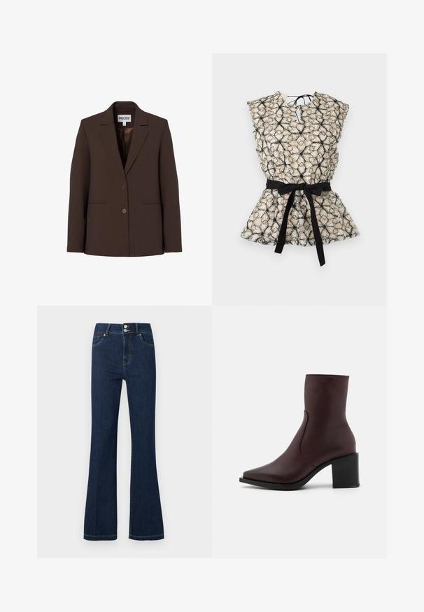 Blazer marron ajusté avec deux boutons, col à revers cranté et poches passepoilées à l’avant, présenté sur un fond blanc uni.; Haut crème sans manches avec motif floral abstrait noir, col en V et nœud noir à la taille sur fond uni.; Jean en denim bleu foncé avec taille haute, double bouton de fermeture, poches avant et jambes légèrement évasées.; Zign LEATHER - Bottines - bordeaux