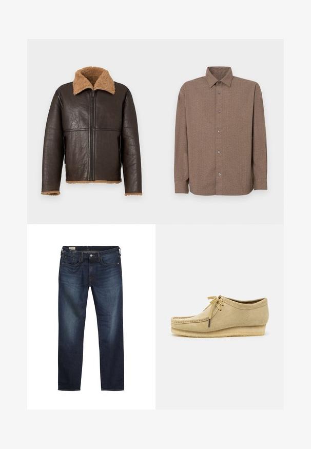 Brun læderjakke med en tan shearling krave. Har en frontlynlås, side lommer og en lidt løs pasform med tekstureret overflade.; Brun langærmet skjorte lavet af tekstureret stof, med knaplukning fortil, spidse krave og synlige knapper langs placket.; Mørkeblå denimjeans med lige ben-design, let falmede på forsiden, fem lommer og sølvet knaplukning.; Beige suedestøvle med snørebåndsdesign, syede detaljer og gummisål. Formen er afslappet med en let hæl.