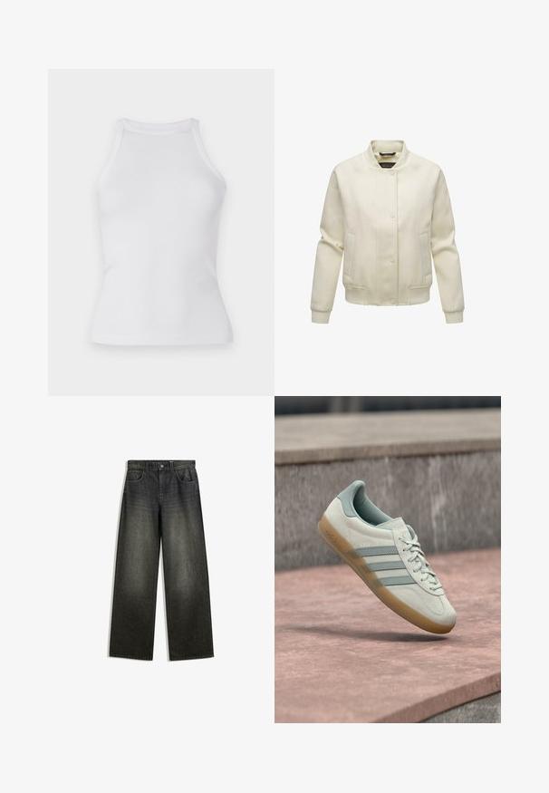 Off-white bomberjack gemaakt van zachte stof. Kenmerken zijn een ribbelkraag, knoopsluiting en zijzakken met textuuraccenten op de mouwen.; Witte geribbelde tanktop met een fitted ontwerp, ronde halslijn en zonder mouwen. Gemaakt van rekbare stof voor comfort en bewegingsgemak.; Wijduitlopende spijkerbroek in donkergrijs denim met een vervaagde afwerking, vijf zakken en een knoopsluiting op de tailleband.; Lichtbeige suède sneaker met blauwe accenten, voorzien van drie zijstrepen, een gestructureerde gumzool en platte veters. Modelnaam "Gazelle" zichtbaar.