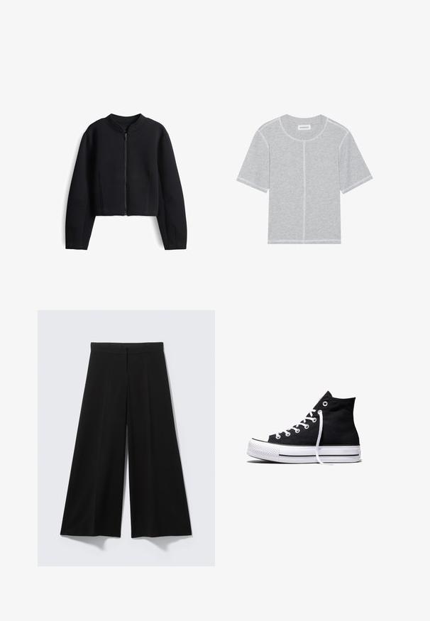 Veste noire raccourcie en tissu lisse. Équipée d'un col haut et d'une fermeture éclair à l'avant. Comprend des détails de coutures discrets sur les manches.; T-shirt en coton gris à manches courtes, col rond et coutures blanches contrastées le long des coutures et des ourlets. Design simple et sans embellissement.; Pantalon noir à jambes larges en tissu doux, avec une taille haute, des plis à l'avant, sans éléments métalliques visibles ni motifs.; Baskets montantes en toile noire avec semelle en caoutchouc blanche et lacets blancs, vues de côté sur un fond blanc.