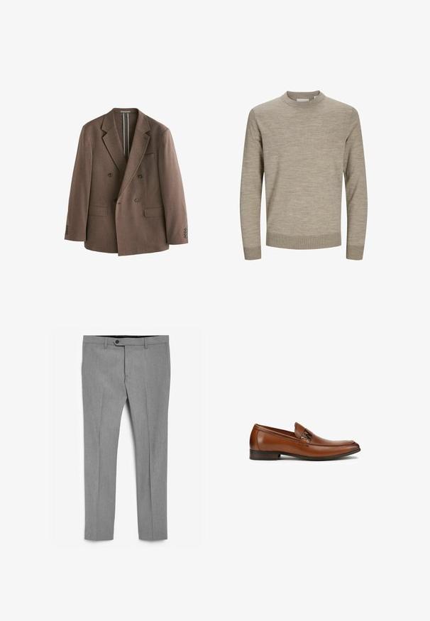 Blazer marron croisé avec revers à pointe, deux poches avant à rabat, une poche poitrine et des poignets à boutons.; Pull beige à manches longues avec col rond, poignets et ourlet côtelés, présenté sur un fond blanc.; Next STRETCH SMART TROUSERS REGULAR FIT - Pantalon classique - grey; Mocassins en cuir marron avec un bout arrondi, arborant une bride décorative noire sur le dessus. Semelle plate avec une texture lisse.
