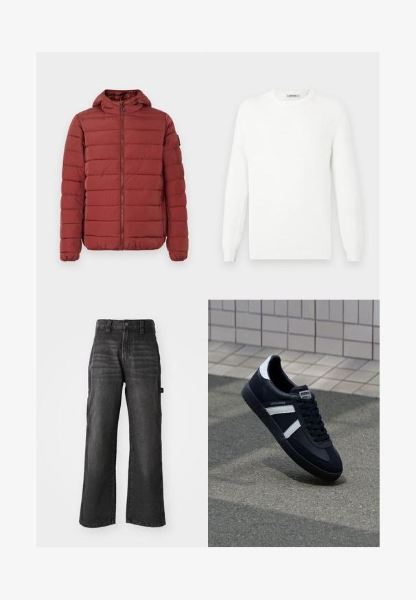 Rød pufferjakke med hætte, der har vandret quiltet design, frontlynlås, elastiske manchetter og kant. Glat overflade.; Hvid strikket sweater med rund halsudskæring og ribbede ærmeender. Teksturen har en subtil mønstring med horisontale striber.; Bredde ben, sorte denim bukser lavet af blød bomuld med en falmet finish. Har en frontknaplukning og sidelommer.; Sort lædersneaker med hvide striber, tekstureret gummisål og snørrebånd foran. Har et brandet mærke på tungen.
