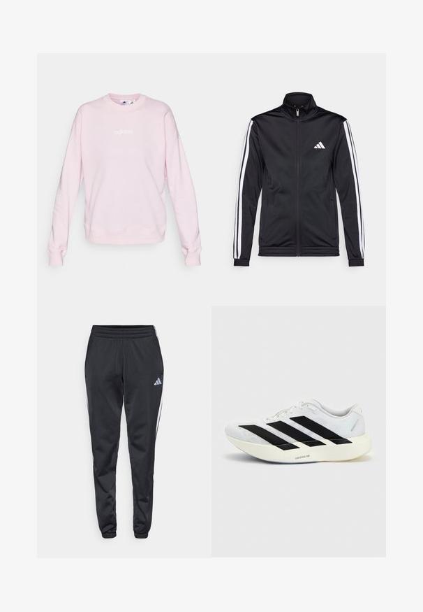 Zwarte sportjack met een hoge kraag, voorrits en witte accentstrepen langs de armen. Bevat een geborduurd wit logo op de borst.; Lichtroze sweatshirt van zacht materiaal, met een ronde halslijn, lange mouwen en een wit Adidas-logo aan de voorkant.; Zwarte sportieve broek met een elastische tailleband, taps toelopende benen en witte zijkanten. Voorzien van een klein grijs trefoil-logo op de linker bovenbeen.; Witte hardloopschoen met zwart drie-strepen ontwerp aan de zijkant en dikke witte zool met label "Lightstrike Pro" op een effen achtergrond.