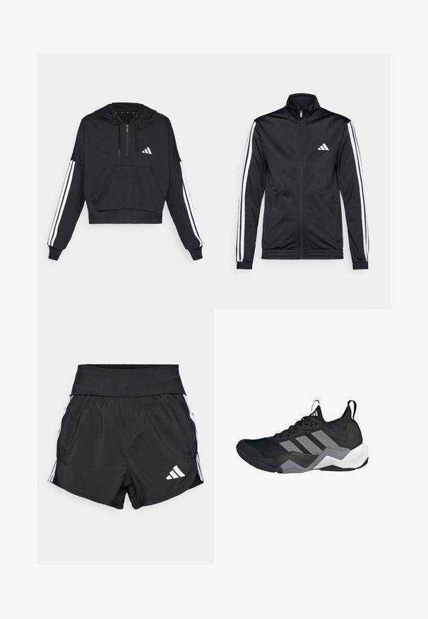 Schwarze Sportjacke mit hohem Kragen, Frontreißverschluss und weißen Akzentstreifen an den Armen. Besitzt ein gesticktes weißes Logo auf der Brust.; Schwarzer, kurz geschnittener Hoodie aus weichem Stoff, mit einer Fronttasche, Reißverschluss und weißen Streifen entlang der Ärmel sowie einem Logo auf der Brust.; Schwarze Sportshorts aus leichtem Material mit einem breiten Bund, weißen Seitestreifen und einem kleinen weißen Logo am unteren Saum.; Schwarzer Sportschuh mit einem atmungsaktiven Mesh-Obermaterial, grauen Akzenten, strukturiertem Sohlenprofil und drei markanten Streifen an der Seite.