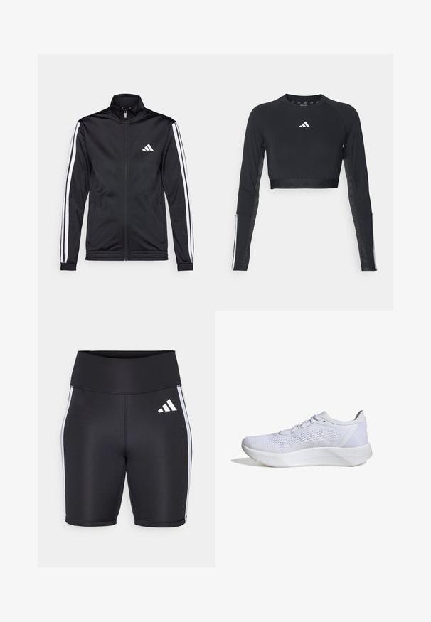 Veste de sport noire avec un col montant, fermeture éclair sur le devant et rayures blanches sur les bras. Elle présente un logo brodé blanc sur la poitrine.; Haut d'entraînement noir à manches longues et coupé, en tissu lisse. Présente un logo blanc sur la poitrine et des accents rayés sur les manches.; Shorts de sport noirs avec une taille haute, rayures blanches sur les côtés et un petit logo blanc. Tissu lisse avec une coupe ajustée.; Baskets blanches avec une tige en mesh respirant, un design à lacets, un col rembourré et une semelle en caoutchouc texturé pour l'adhérence.