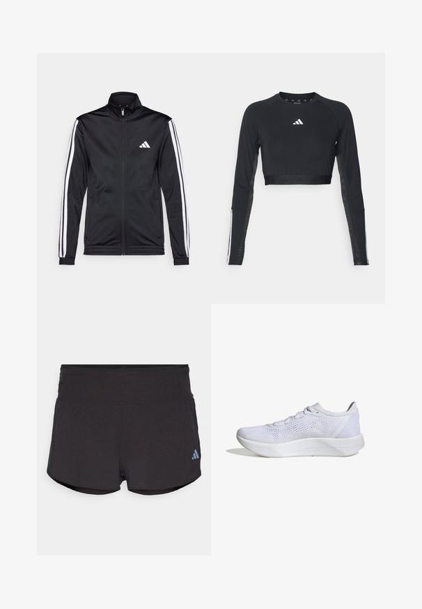 Schwarze Sportjacke mit hohem Kragen, Frontreißverschluss und weißen Akzentstreifen an den Armen. Besitzt ein gesticktes weißes Logo auf der Brust.; Schwarzes, verkürztes Langarm-Workout-Oberteil aus glattem Material. Mit einem weißen Logo auf der Brust und gestreiften Akzenten an den Ärmeln.; Schwarze Sportshorts mit strukturierter Oberfläche, ausgestattet mit einem breiten Bund und einem Adidas-Logo in Hellblau am unteren linken Rand.; Weißer Sportschuh mit atmungsaktivem Mesh-Obermaterial, Schnürdesign, gepolstertem Kragen und einer strukturierten Gummisohle für besseren Halt.