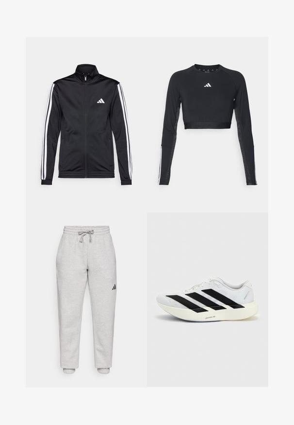 Chaqueta deportiva negra con cuello alto, cremallera frontal y franjas de acento blancas a lo largo de las mangas. Presenta un logo blanco bordado en el pecho.; Top de entrenamiento negro recortado de manga larga hecho de una tela suave. Presenta un logo blanco en el pecho y acentos a rayas en las mangas.; Pantalones de chándal gris claro con cintura elástica y cordón. Tobillos ajustados. Detalle de logo negro en la pierna izquierda. Material de algodón suave.; Zapatilla de running blanca con diseño negro de tres franjas en el lateral y suela blanca gruesa con la etiqueta "Lightstrike Pro" sobre fondo liso.