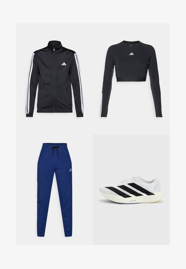 Zwarte sportjack met een hoge kraag, voorrits en witte accentstrepen langs de armen. Bevat een geborduurd wit logo op de borst.; Zwart geknipt langemouwen workout top van gladde stof. Bevat een wit logo op de borst en gestreepte accenten op de mouwen.; Blauwe katoenen joggers met een elastische tailleband, een verstelbare zwarte trekkoord en een klein wit logo op de linker dij. Aansluitend ontwerp.; Witte hardloopschoen met zwart drie-strepen ontwerp aan de zijkant en dikke witte zool met label "Lightstrike Pro" op een effen achtergrond.