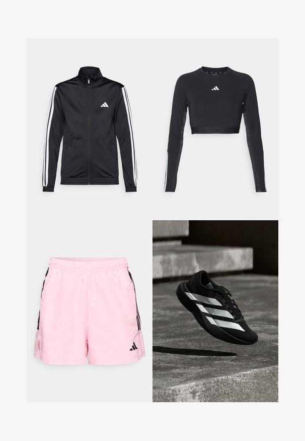 Schwarze Sportjacke mit hohem Kragen, Frontreißverschluss und weißen Akzentstreifen an den Armen. Besitzt ein gesticktes weißes Logo auf der Brust.; Schwarzes, verkürztes Langarm-Workout-Oberteil aus glattem Material. Mit einem weißen Logo auf der Brust und gestreiften Akzenten an den Ärmeln.; adidas Sportswear TIRO - Kurze Sporthose - true pink/black; Schwarzer Laufschuh mit drei weißen Streifen schwebt in der Luft über Betontreppen und wirft darunter einen Schatten.