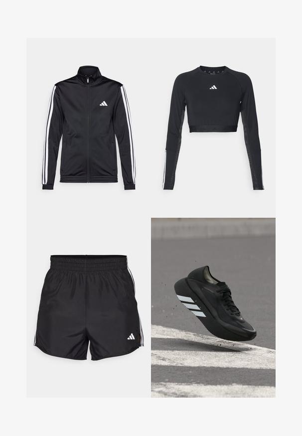 Zwarte sportjack met een hoge kraag, voorrits en witte accentstrepen langs de armen. Bevat een geborduurd wit logo op de borst.; Zwart geknipt langemouwen workout top van gladde stof. Bevat een wit logo op de borst en gestreepte accenten op de mouwen.; Zwarte sportshorts met een elastische tailleband, zijsplitten en witte drievoudige strepenaccenten. Bevat een klein wit logo op de rechteronderkant.; Zwarte hardloopschoen met witte strepen op de zool, zwevend boven asfalt met witte wegmarkeringen, waarbij kleine stukjes omhoog worden gestoten.