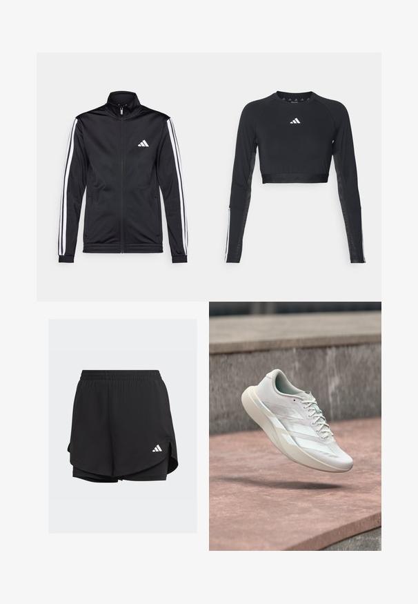 Veste de sport noire avec un col montant, fermeture éclair sur le devant et rayures blanches sur les bras. Elle présente un logo brodé blanc sur la poitrine.; Haut d'entraînement noir à manches longues et coupé, en tissu lisse. Présente un logo blanc sur la poitrine et des accents rayés sur les manches.; Shorts de sport noirs avec une taille élastique, un design superposé, des shorts ajustés à l'intérieur et un logo blanc en bas à gauche.; Chaussure de sport blanche à trois bandes suspendue en l'air au-dessus d'une surface en béton rosâtre et d'un fond en pierre grise.