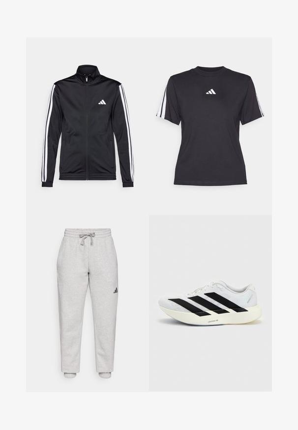 Schwarze Sportjacke mit hohem Kragen, Frontreißverschluss und weißen Akzentstreifen an den Armen. Besitzt ein gesticktes weißes Logo auf der Brust.; Schwarzes Sport-T-Shirt aus weichem Material, mit Rundhalsausschnitt, kurzen Ärmeln und drei weißen Streifen auf jeder Schulter. Weißes Logo auf der Brust.; Helle graue Sweatpants mit elastischem Bund und Kordelzug. Mit Bündchen an den Knöcheln. Schwarzes Logodetail am linken Bein. Aus weichem Baumwollmaterial.; Weißer Laufschuh mit schwarzem Drei-Streifen-Design an der Seite und dicker weißer Sohle mit der Aufschrift "Lightstrike Pro" auf einfarbigem Hintergrund.